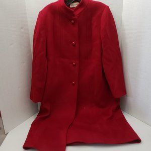 Vintage Women Long Bright Red Wool Coat Lorendale Made in USA Tiny Flaws
